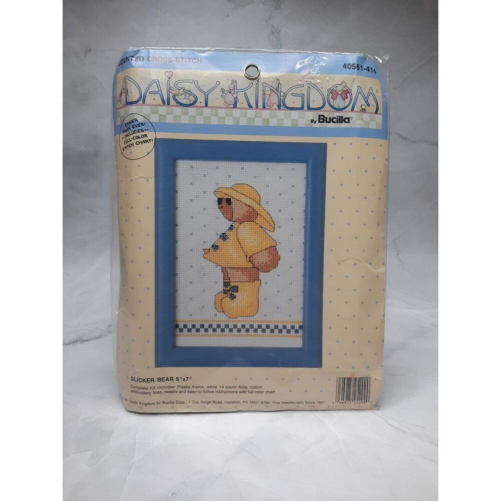 Bucilla Daisy Kingdom Counted Cross Stitch Kit Slicker Bear with Frame 5x7